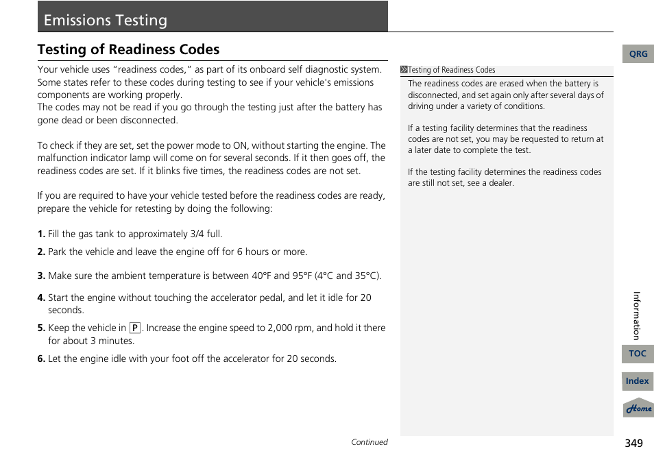 P. 349, 2 testing of readiness codes p. 349, Emissions | Testing, Emissions testing, Testing of readiness codes | Acura 2013 RDX User Manual | Page 350 / 363
