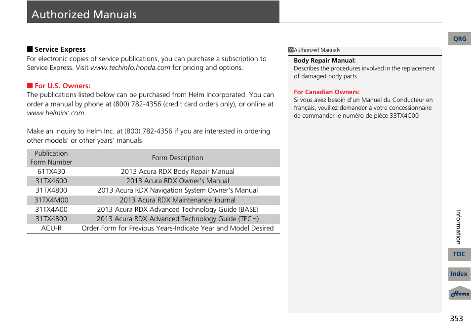 Nuals, 2 authorized manuals p. 353, Authorized manuals | Acura 2013 RDX User Manual | Page 354 / 363
