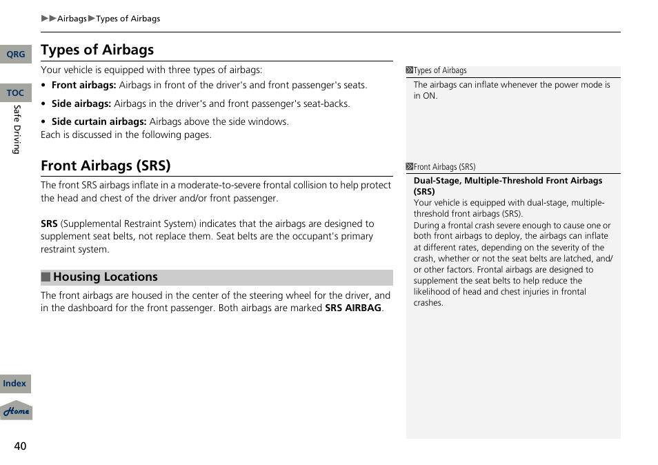 P 40), Types of airbags, Front airbags (srs) | Acura 2013 RDX User Manual | Page 41 / 363