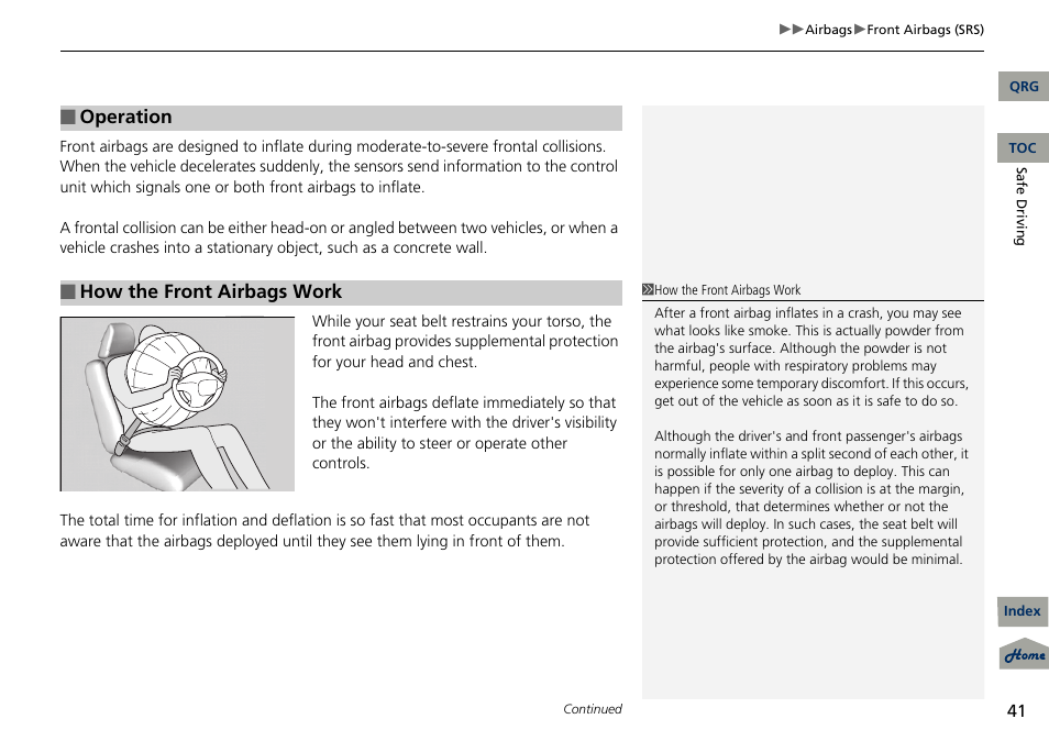 Operation, How the front airbags work | Acura 2013 RDX User Manual | Page 42 / 363