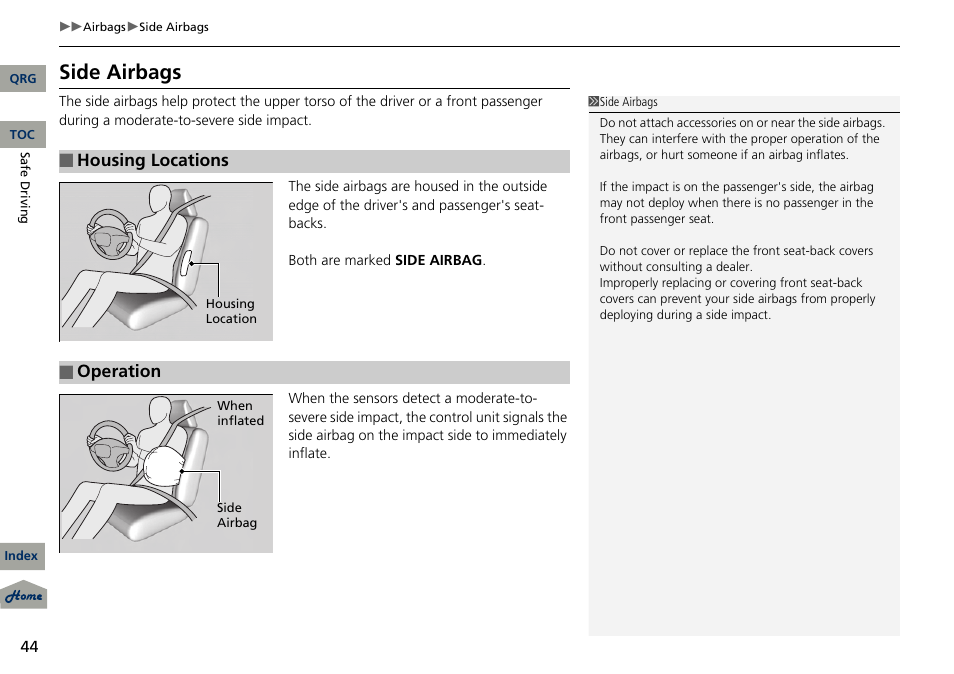 P 44, Side airbags | Acura 2013 RDX User Manual | Page 45 / 363
