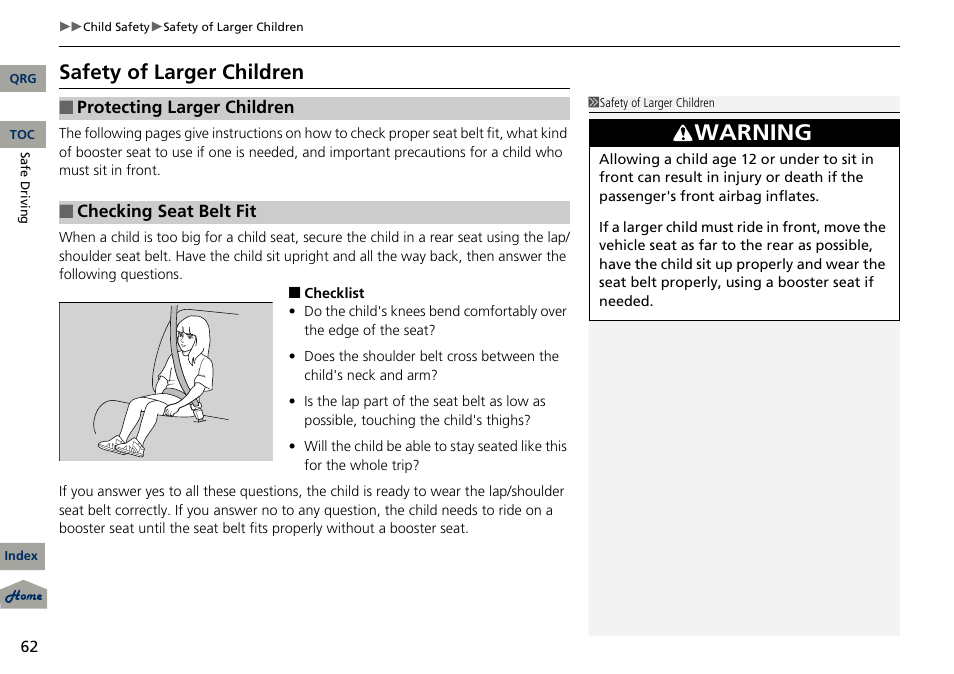 Warning, Safety of larger children | Acura 2013 RDX User Manual | Page 63 / 363