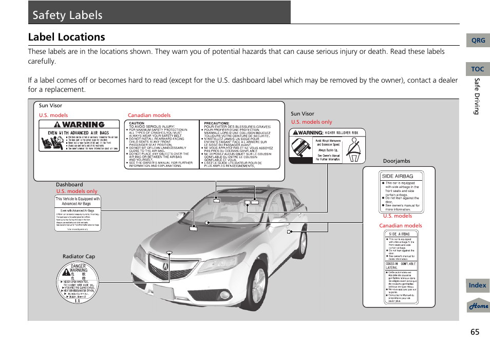 P. 65, Safety labels, Label locations | Acura 2013 RDX User Manual | Page 66 / 363