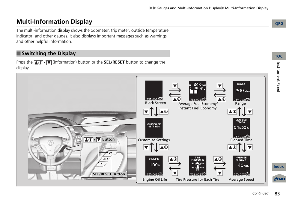 P 83), Multi-information display, Switching the display | Acura 2013 RDX User Manual | Page 84 / 363