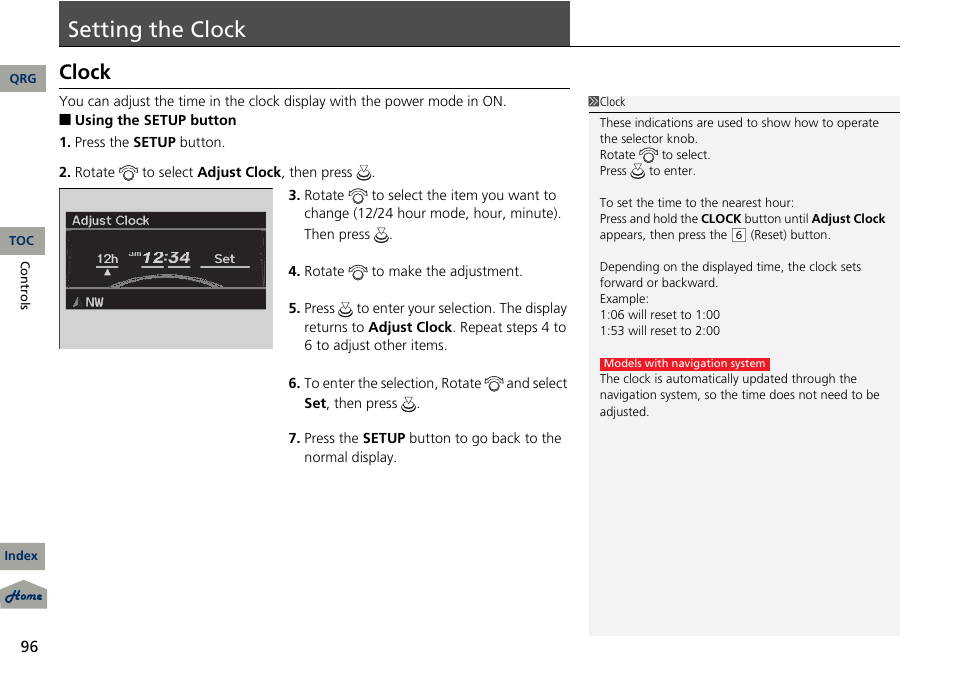 P 96), Setting, Clock | Setting the clock | Acura 2013 RDX User Manual | Page 97 / 363