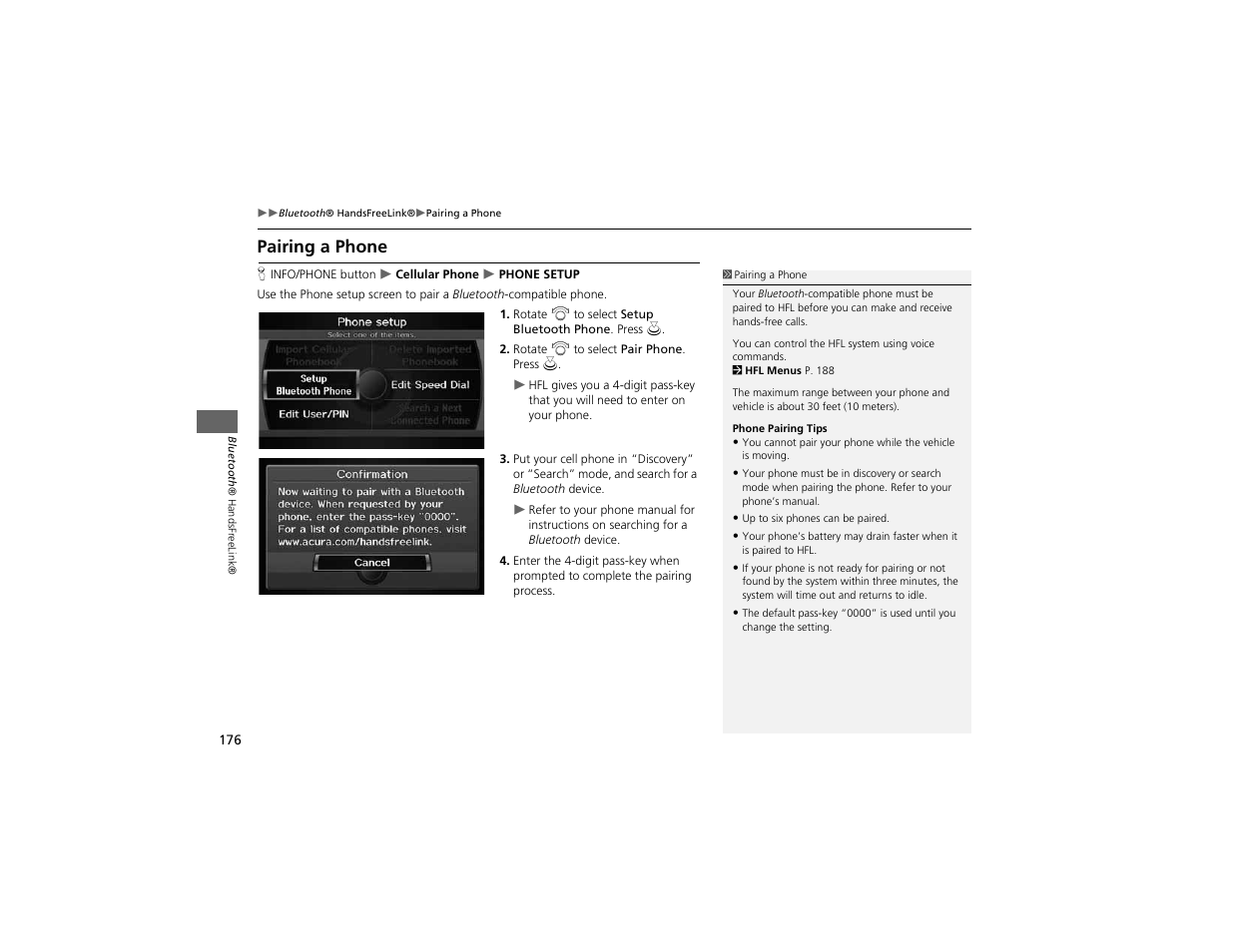 Pairing a phone | Acura 2012 ZDX Navigation User Manual | Page 178 / 251