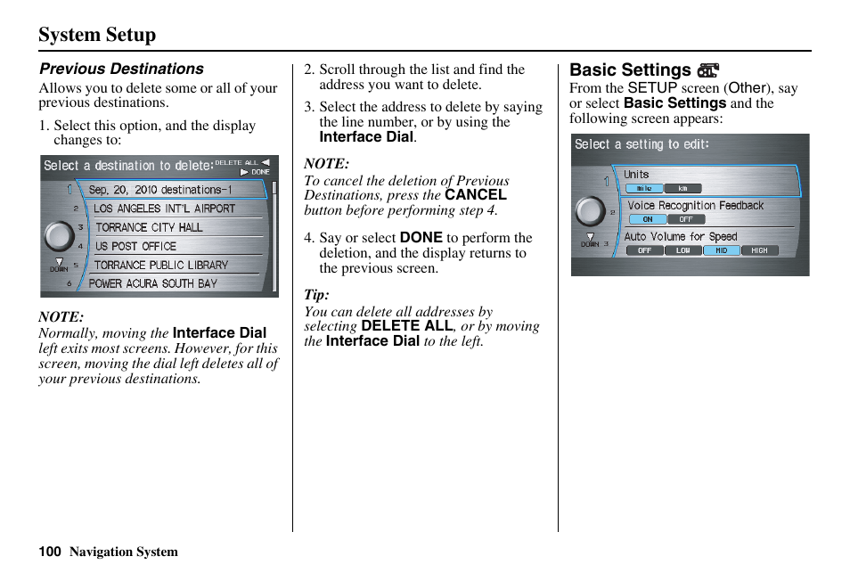 System setup | Acura 2011 RL Navigation User Manual | Page 101 / 177