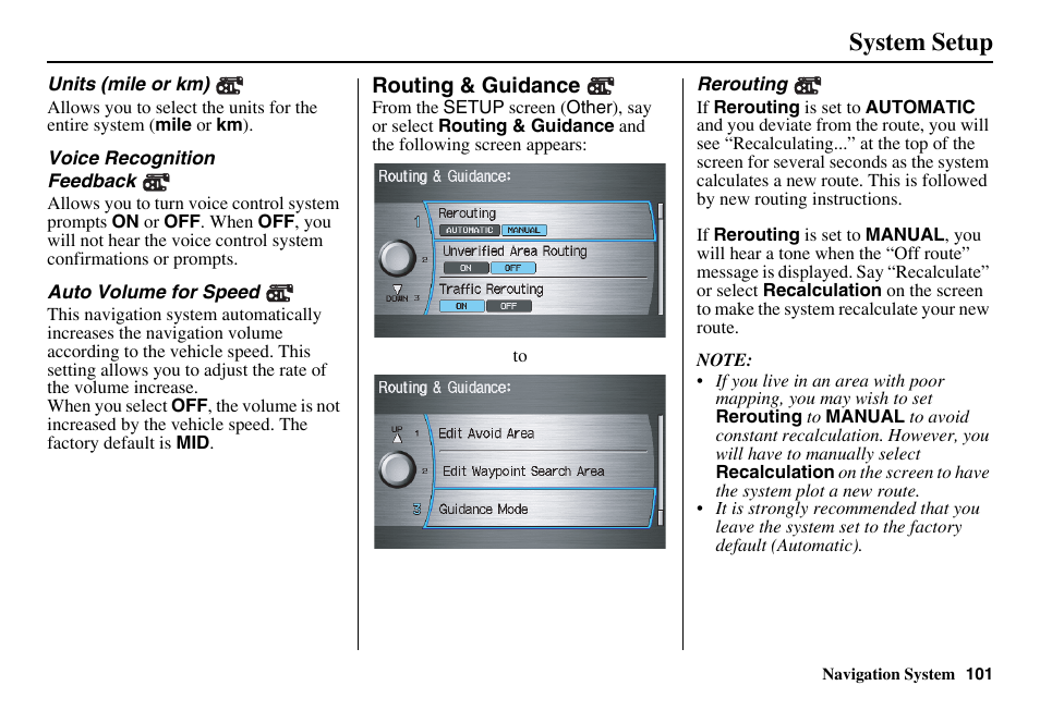 System setup | Acura 2011 RL Navigation User Manual | Page 102 / 177