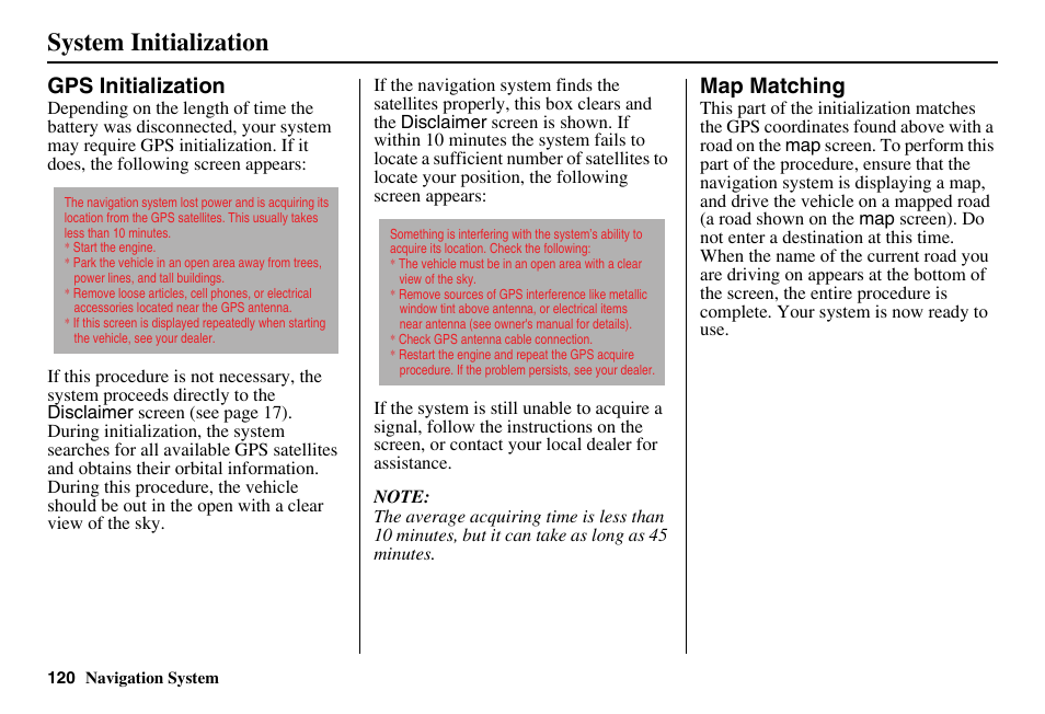 System initialization | Acura 2011 RL Navigation User Manual | Page 121 / 177