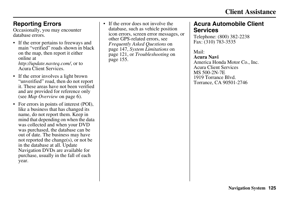 Client assistance | Acura 2011 RL Navigation User Manual | Page 126 / 177