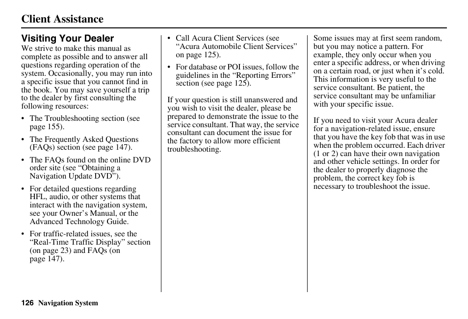 Client assistance | Acura 2011 RL Navigation User Manual | Page 127 / 177