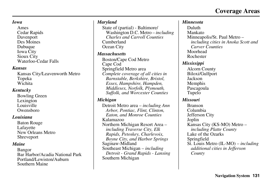 Coverage areas | Acura 2011 RL Navigation User Manual | Page 132 / 177