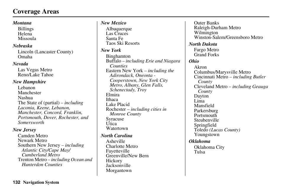 Coverage areas | Acura 2011 RL Navigation User Manual | Page 133 / 177