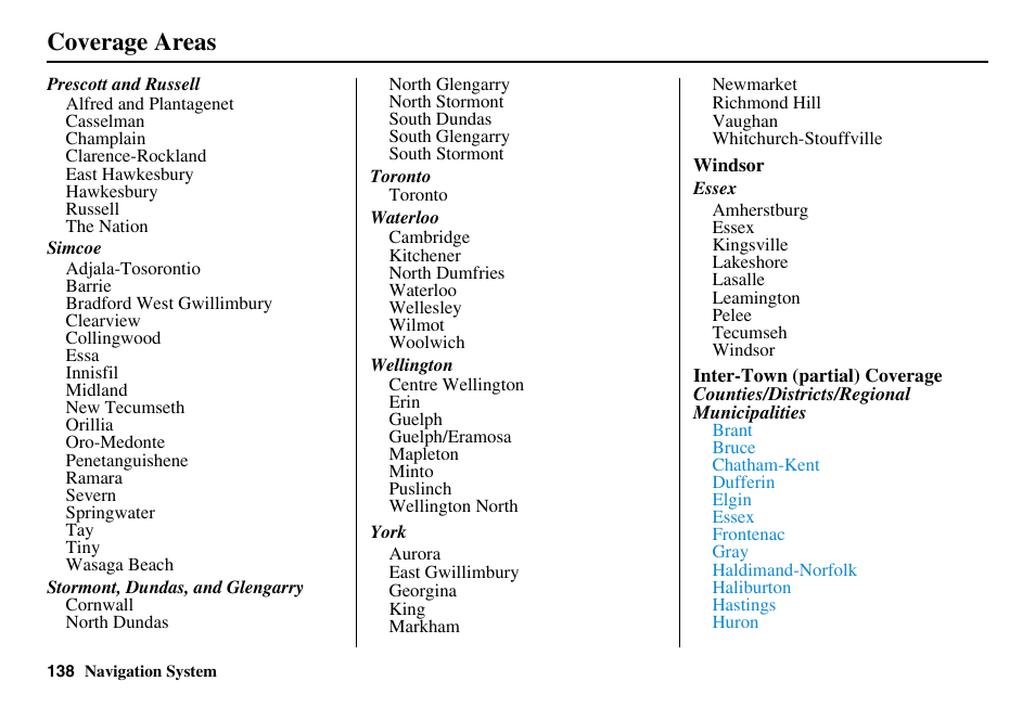 Coverage areas | Acura 2011 RL Navigation User Manual | Page 139 / 177