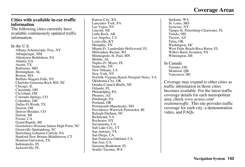 Coverage areas | Acura 2011 RL Navigation User Manual | Page 144 / 177