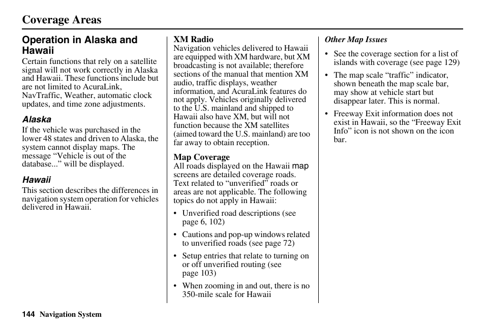 Coverage areas | Acura 2011 RL Navigation User Manual | Page 145 / 177