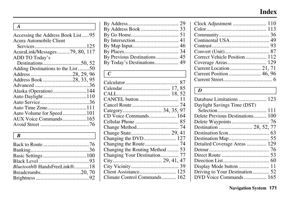 Index | Acura 2011 RL Navigation User Manual | Page 172 / 177