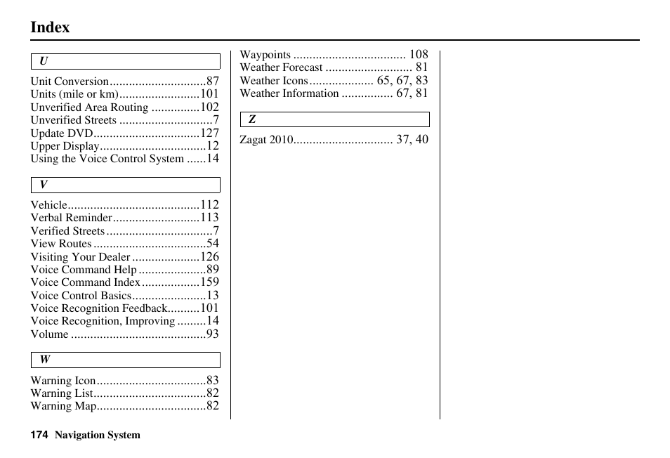 Index | Acura 2011 RL Navigation User Manual | Page 175 / 177