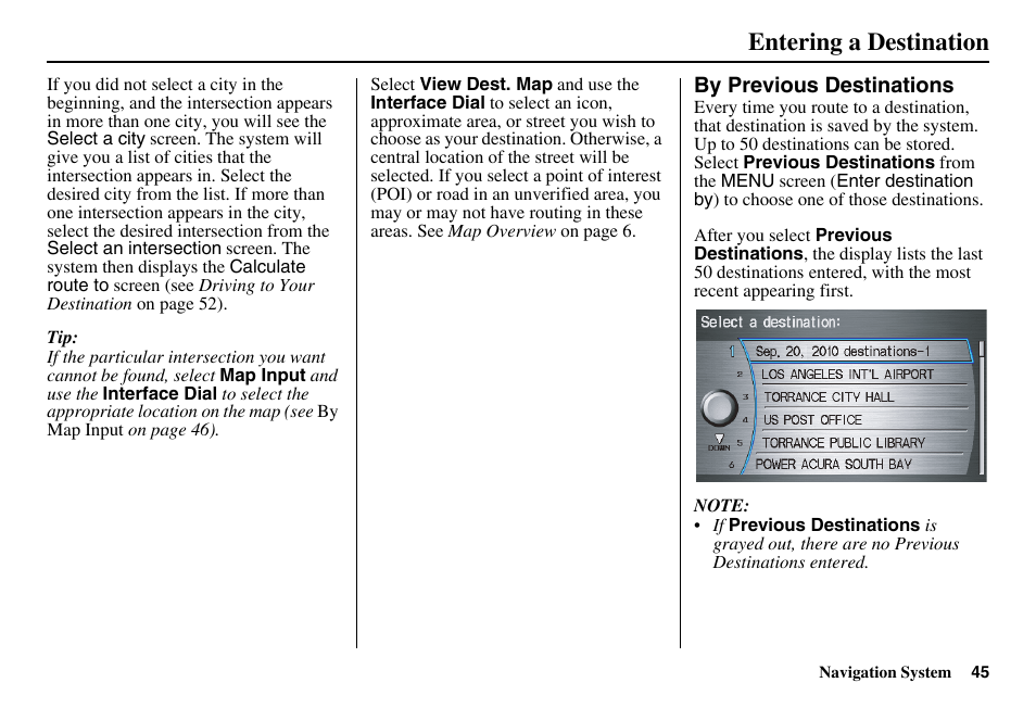 Entering a destination | Acura 2011 RL Navigation User Manual | Page 46 / 177