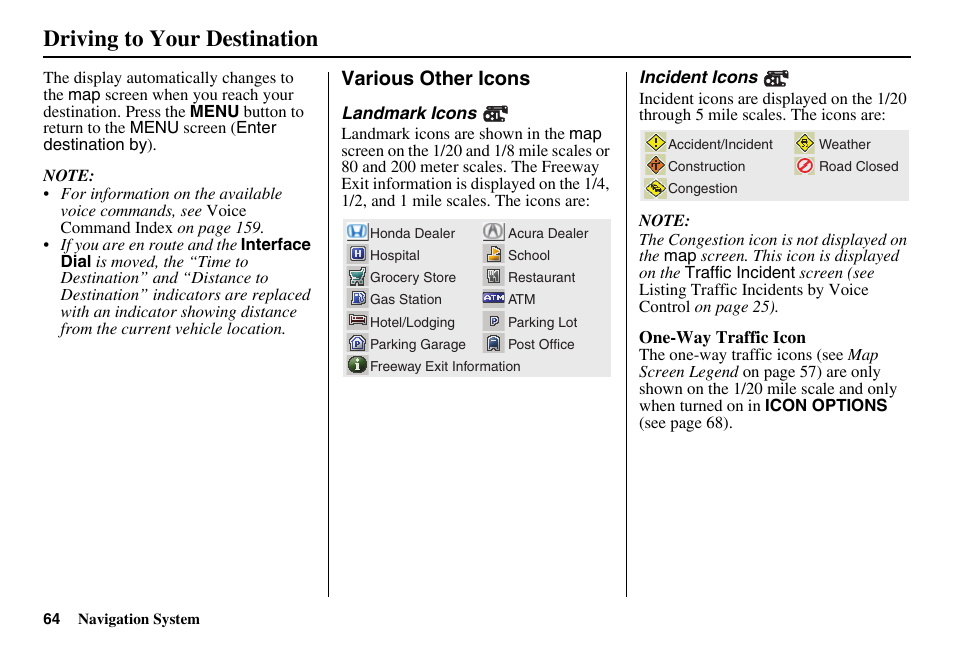 Driving to your destination, Various other icons | Acura 2011 RL Navigation User Manual | Page 65 / 177