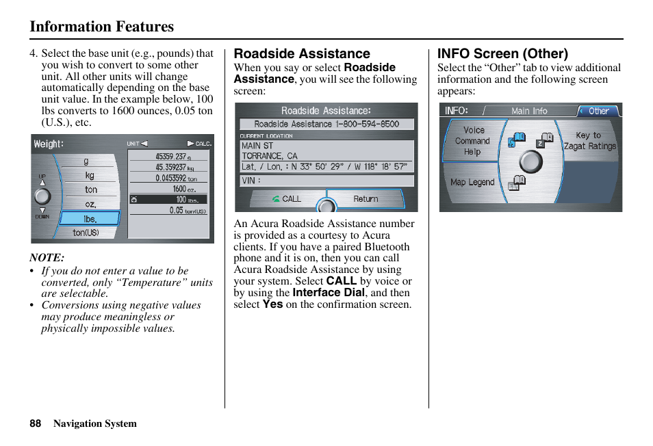 Information features | Acura 2011 RL Navigation User Manual | Page 89 / 177