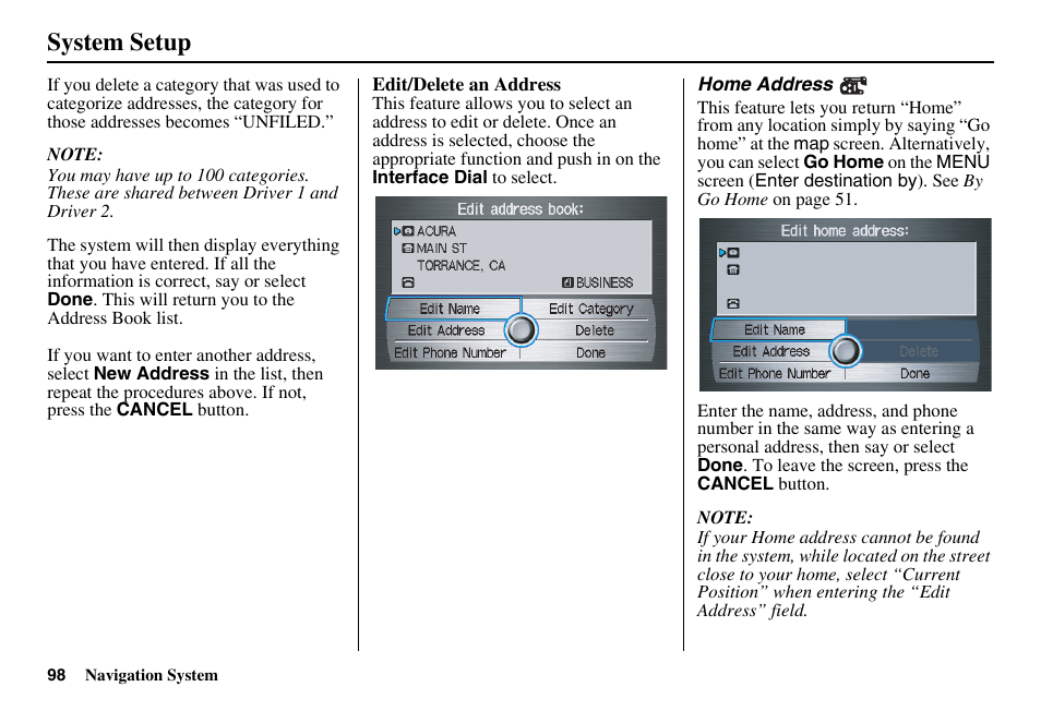 System setup | Acura 2011 RL Navigation User Manual | Page 99 / 177