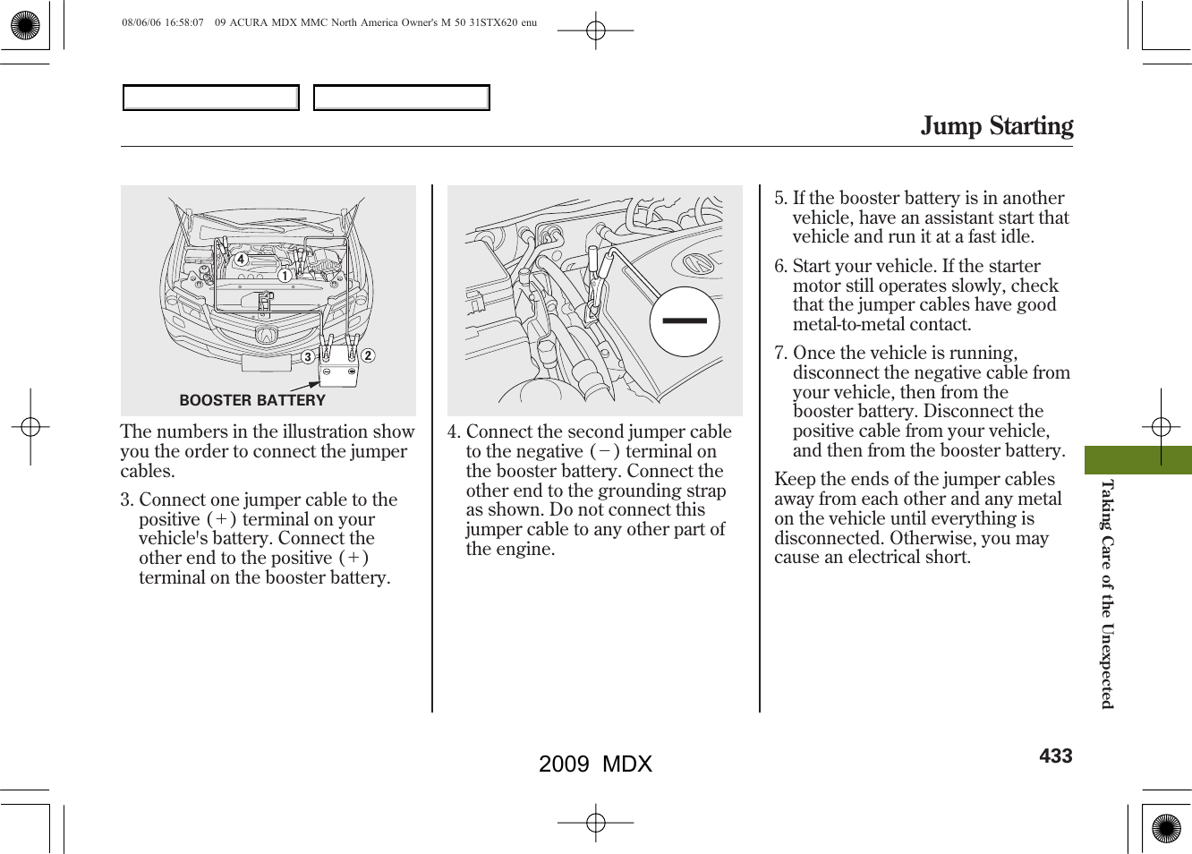 Jump starting, 2009 mdx | Acura 2009 MDX User Manual | Page 437 / 489