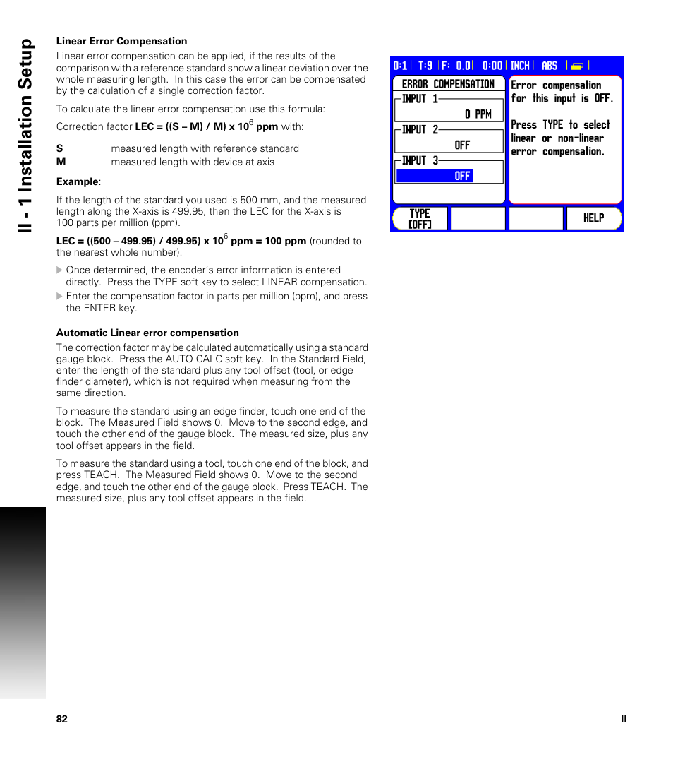 Linear error compensation, Automatic linear error compensation, Ii - 1 installation set u p | ACU-RITE 300S User Manual | Page 96 / 120