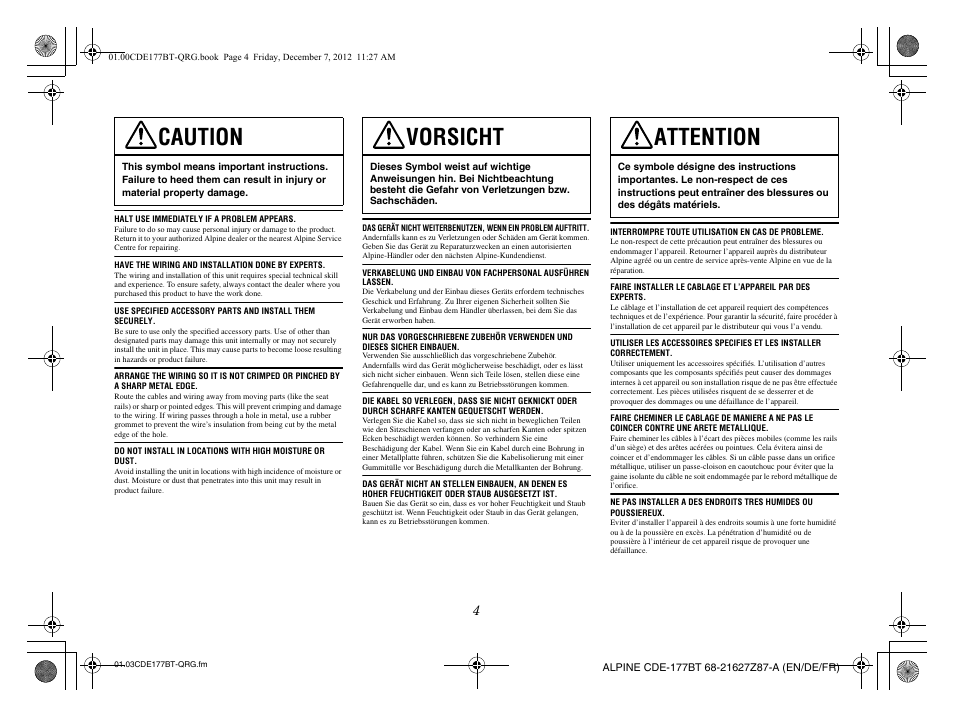 Caution, Vorsicht, Attention | Alpine CDE-177BT User Manual | Page 6 / 108