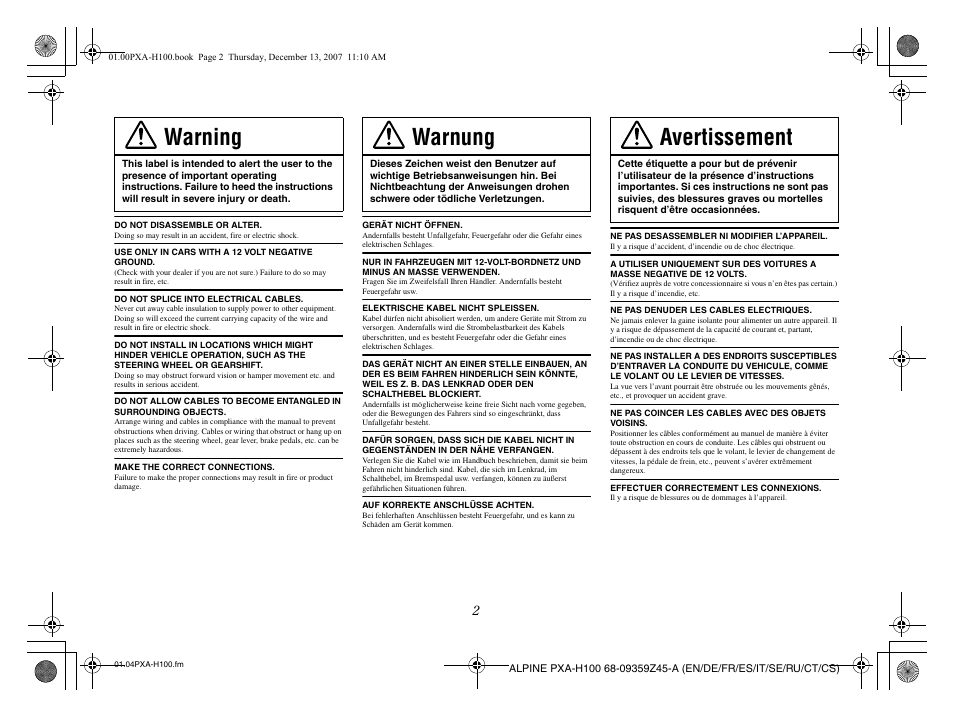 Warning, Warnung, Avertissement | Alpine PXA-H100 User Manual | Page 4 / 46