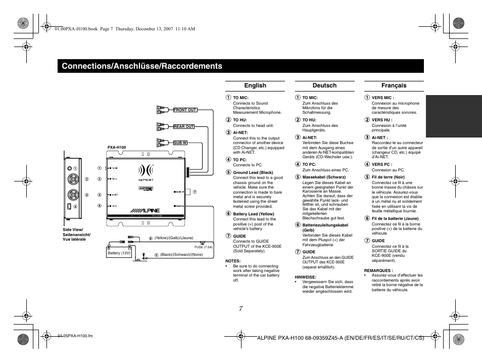 Connections/anschlüsse/raccordements, English deutsch français | Alpine PXA-H100 User Manual | Page 9 / 46