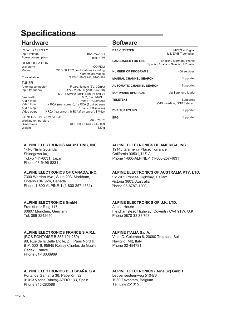 Deutsch, Specifications, Inhalt | Bedienungsanleitung, Hardware, Software | Alpine TUE-T150DV User Manual | Page 20 / 140