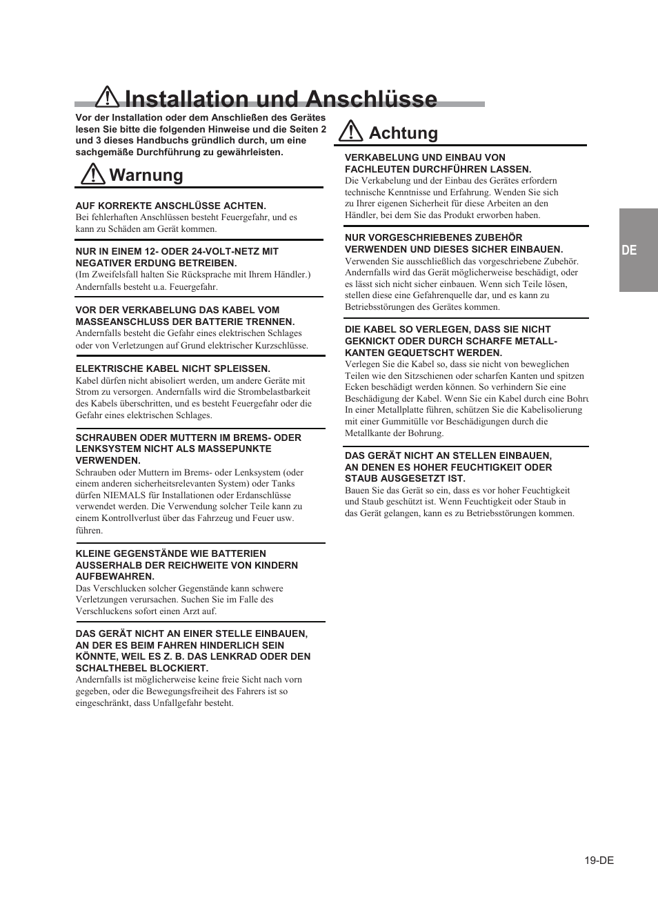 Installation und anschlüsse, Osd-menüstruktur, Hauptmemü | Warnung, Achtung | Alpine TUE-T150DV User Manual | Page 37 / 140