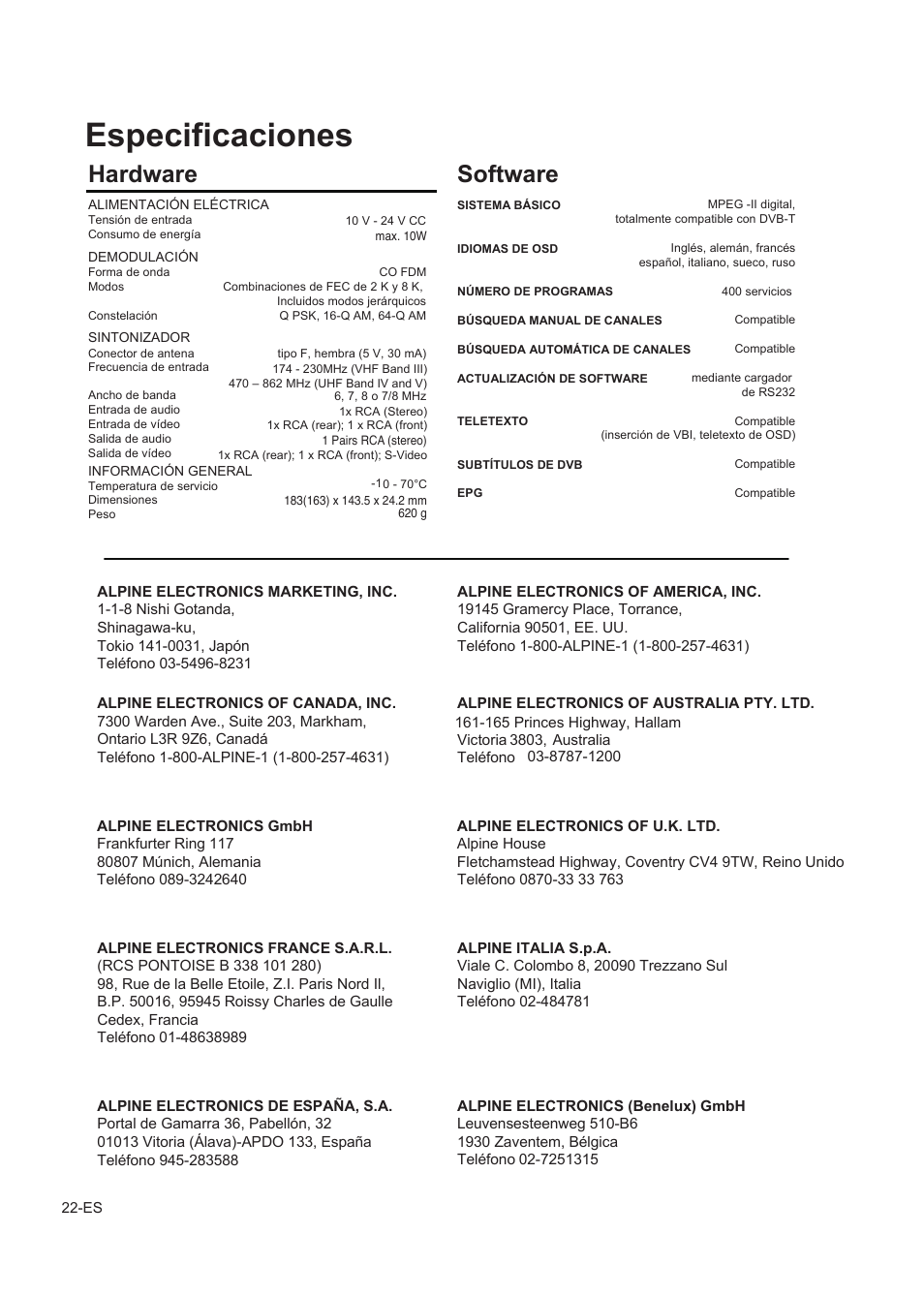 Italiano, Especificaciones, Indice | Istruzioni per l'uso, Hardware, Software | Alpine TUE-T150DV User Manual | Page 80 / 140