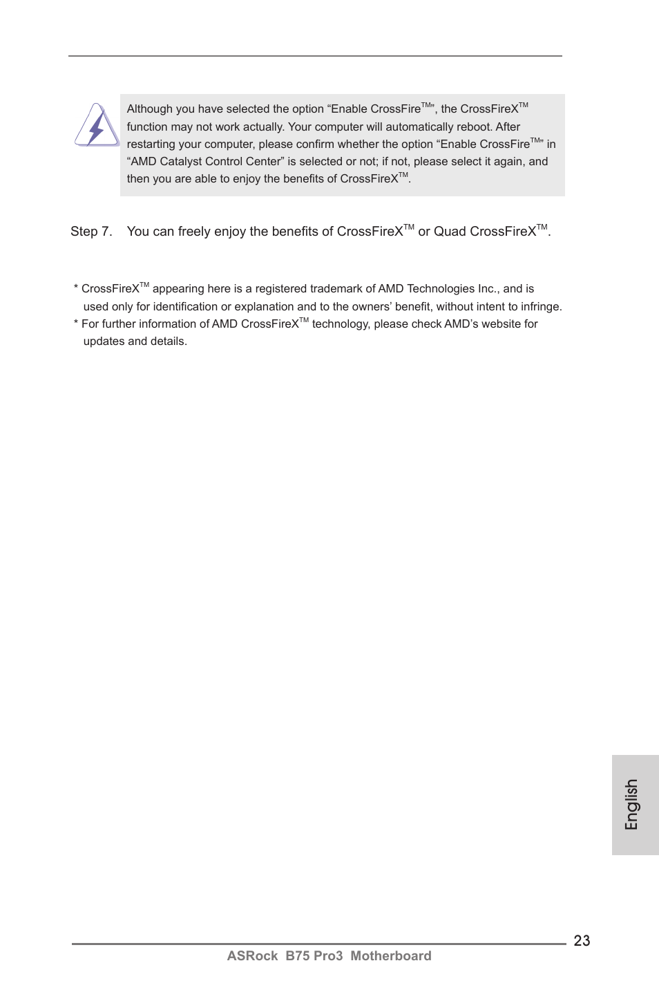 English, Asrock b75 pro3 motherboard, Or quad crossfirex | ASRock B75 Pro3 User Manual | Page 23 / 205