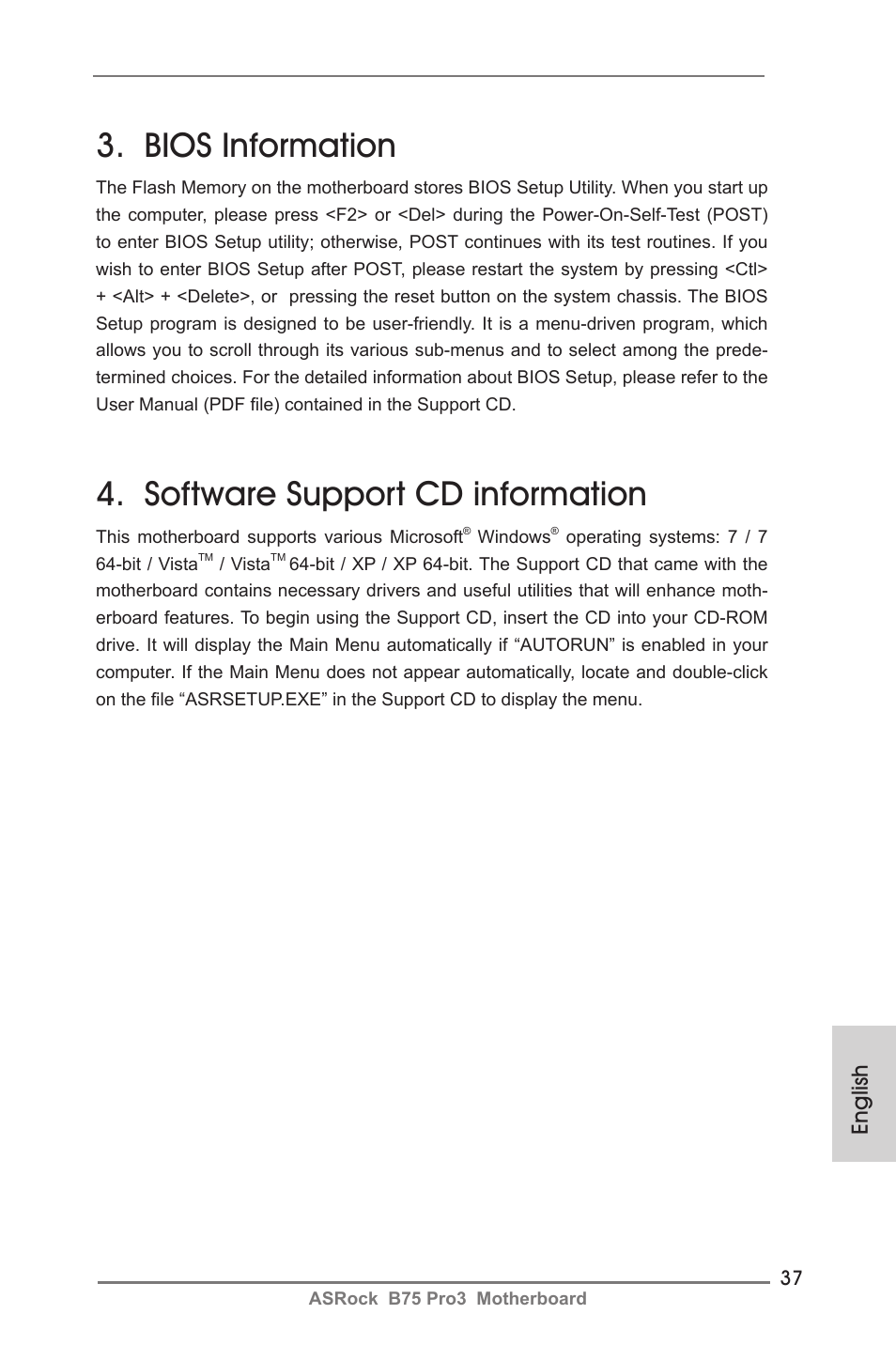 Bios information, Software support cd information, English | ASRock B75 Pro3 User Manual | Page 37 / 205