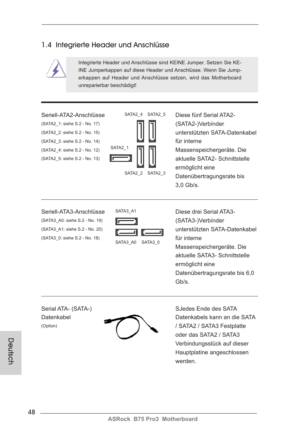 Deutsch 1.4 integrierte header und anschlüsse | ASRock B75 Pro3 User Manual | Page 48 / 205