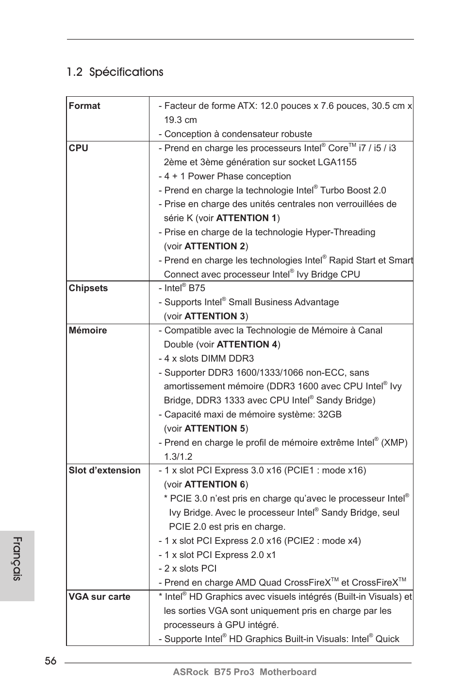 Français 1.2 spécifications | ASRock B75 Pro3 User Manual | Page 56 / 205