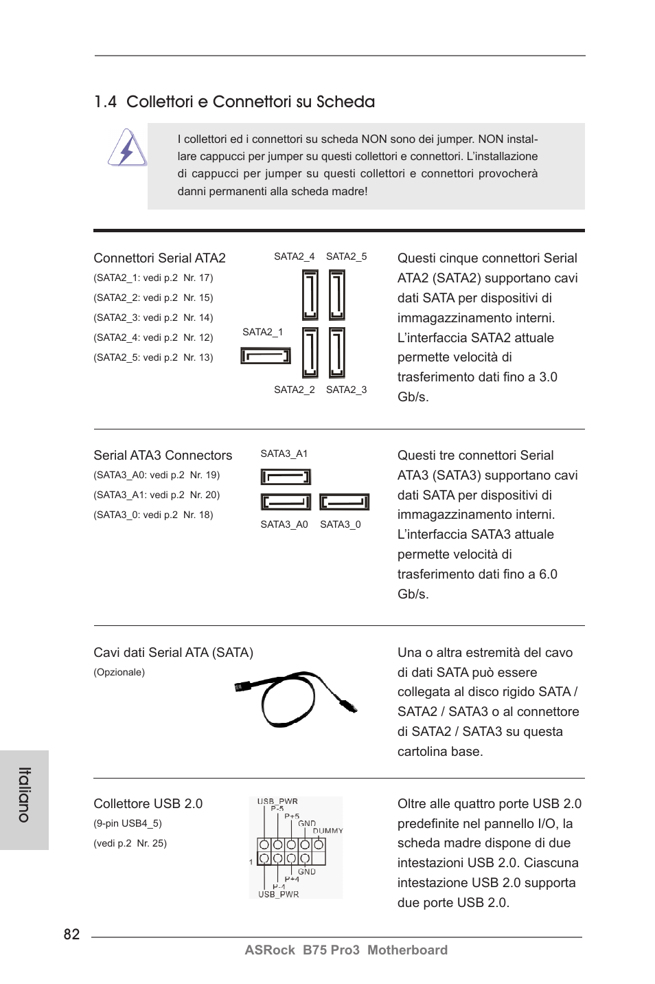 Italiano 1.4 collettori e connettori su scheda | ASRock B75 Pro3 User Manual | Page 82 / 205