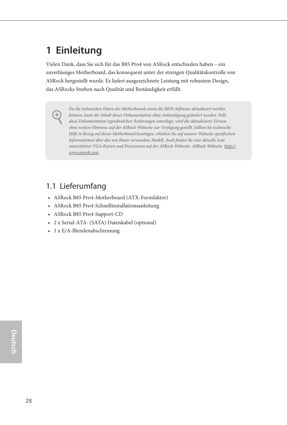German, 1 einleitung, 1 lieferumfang | ASRock B85 Pro4 User Manual | Page 30 / 163