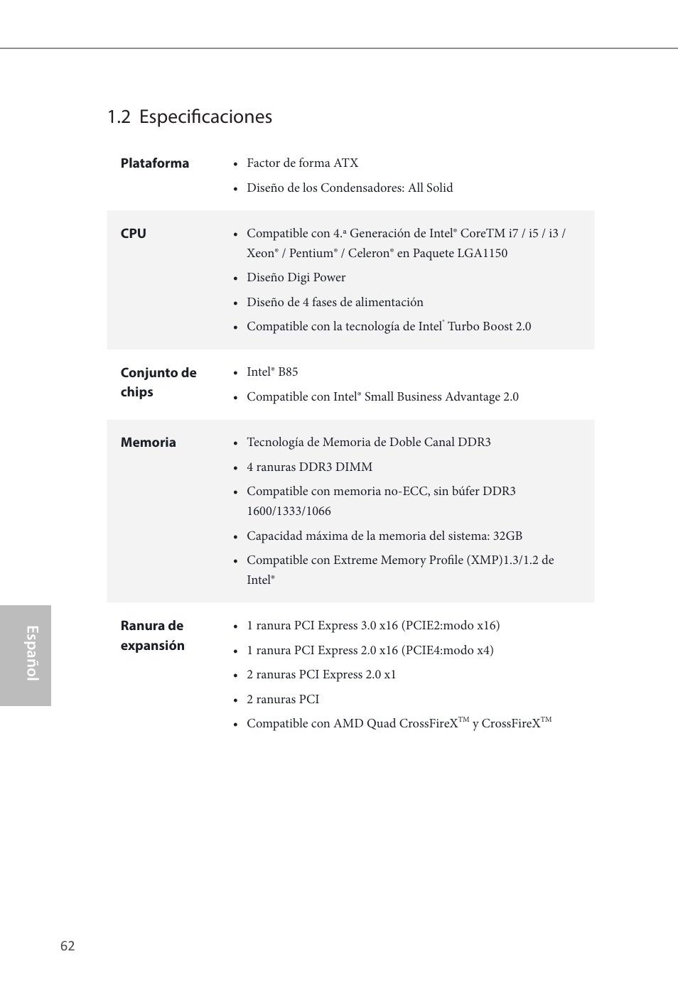 2 especificaciones, Español | ASRock B85 Pro4 User Manual | Page 64 / 163