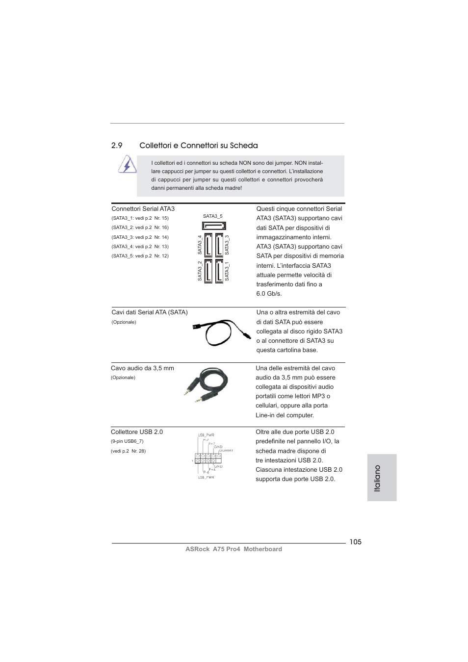 Italiano, 9 collettori e connettori su scheda | ASRock A75 Pro4 User Manual | Page 105 / 282