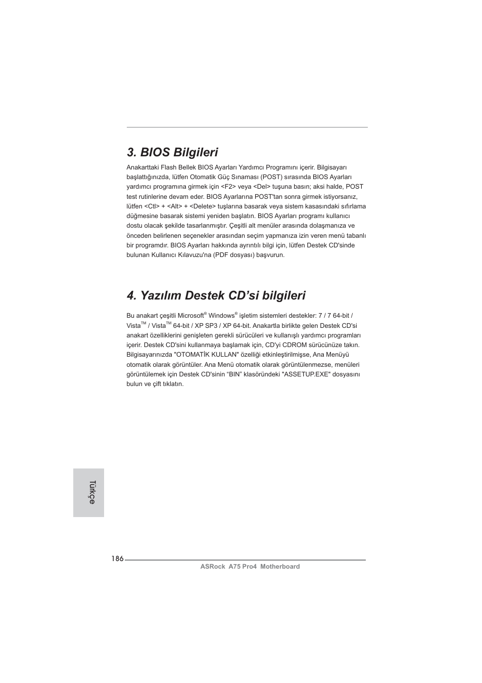 Bios bilgileri, Yazılım destek cd’si bilgileri, Türkçe | ASRock A75 Pro4 User Manual | Page 186 / 282