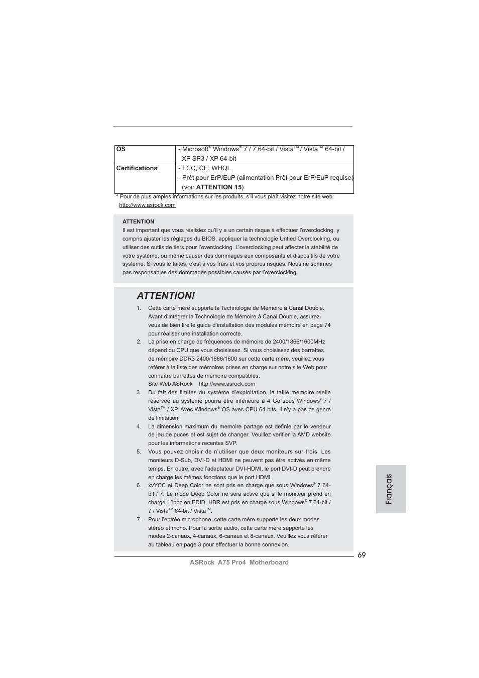 Attention, Français | ASRock A75 Pro4 User Manual | Page 69 / 282