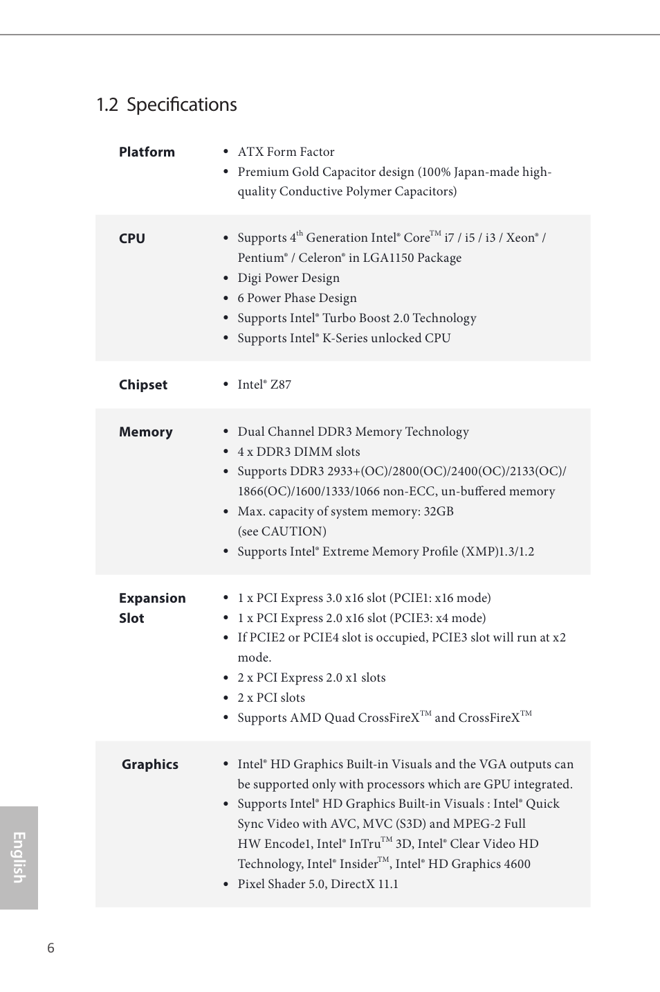 2 specifications, English | ASRock Z87 Pro4 User Manual | Page 8 / 163
