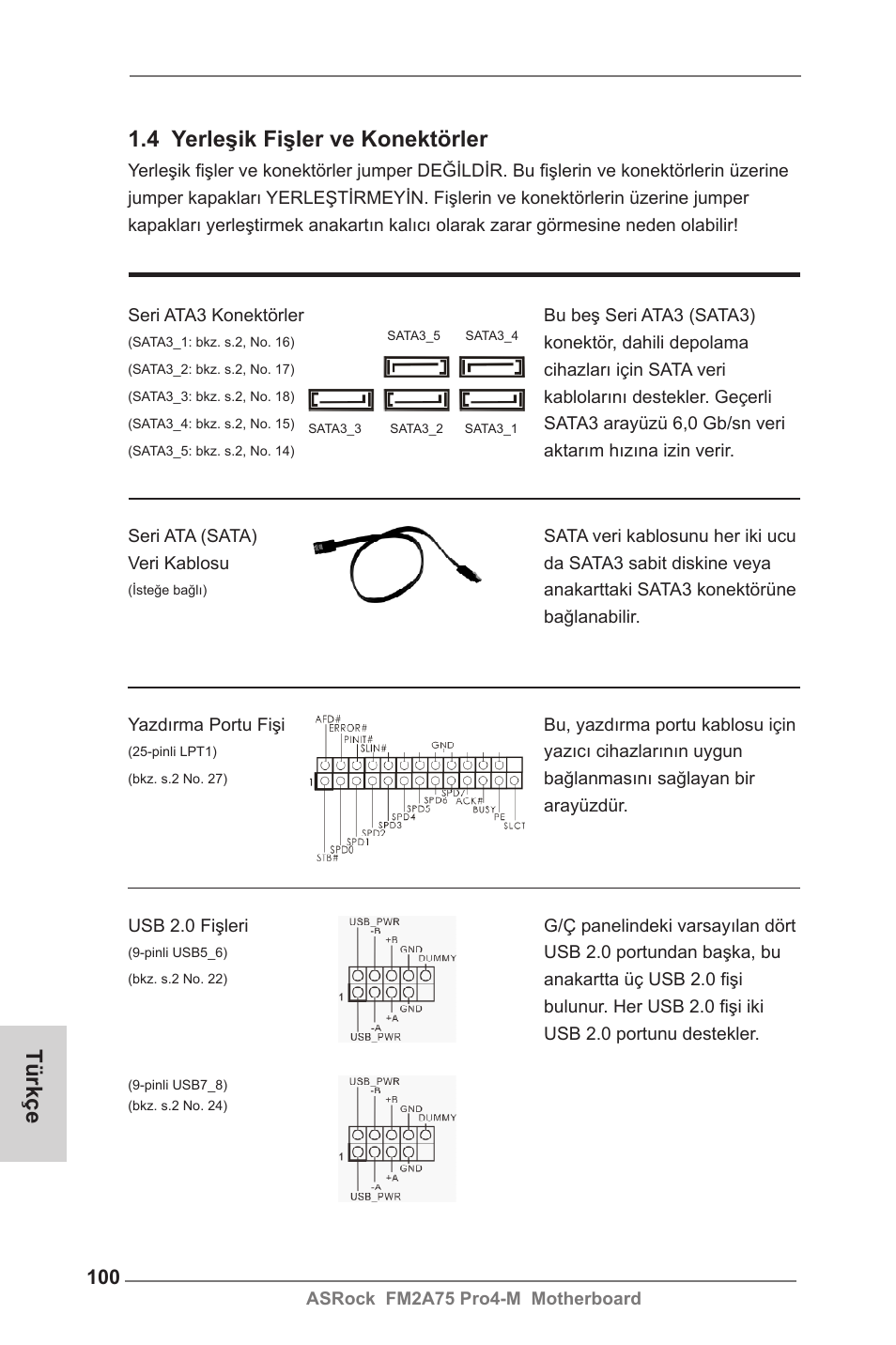 4 yerleşik fişler ve konektörler, Türkçe | ASRock FM2A75 Pro4-M User Manual | Page 100 / 164