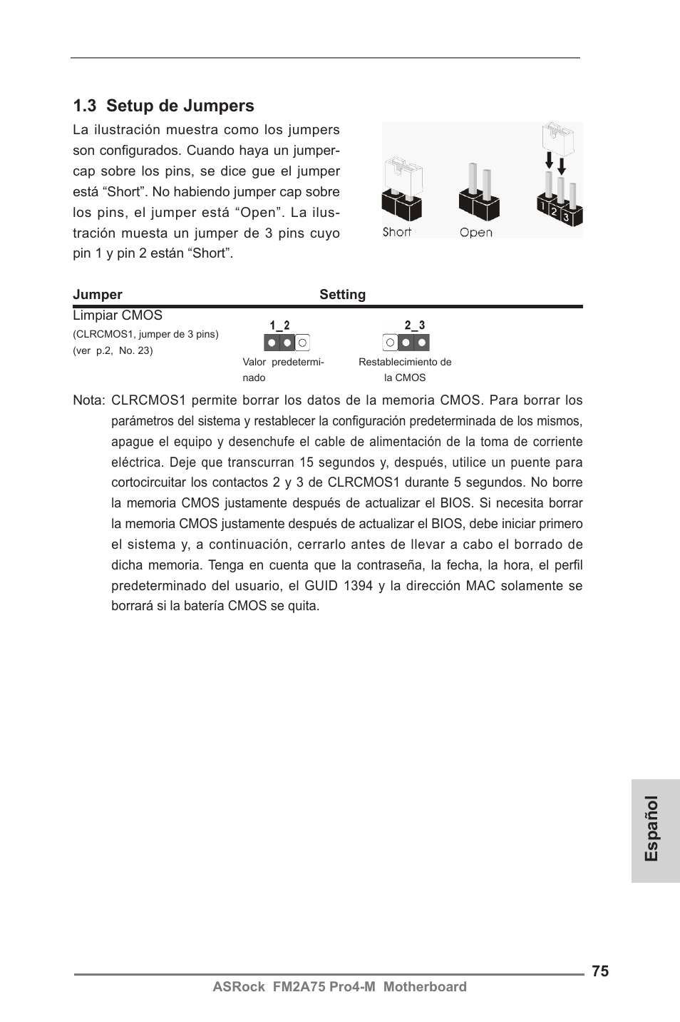 3 setup de jumpers, Español | ASRock FM2A75 Pro4-M User Manual | Page 75 / 164