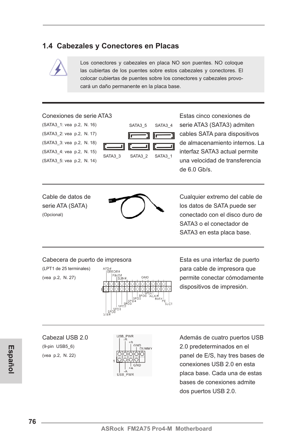 4 cabezales y conectores en placas, Español | ASRock FM2A75 Pro4-M User Manual | Page 76 / 164
