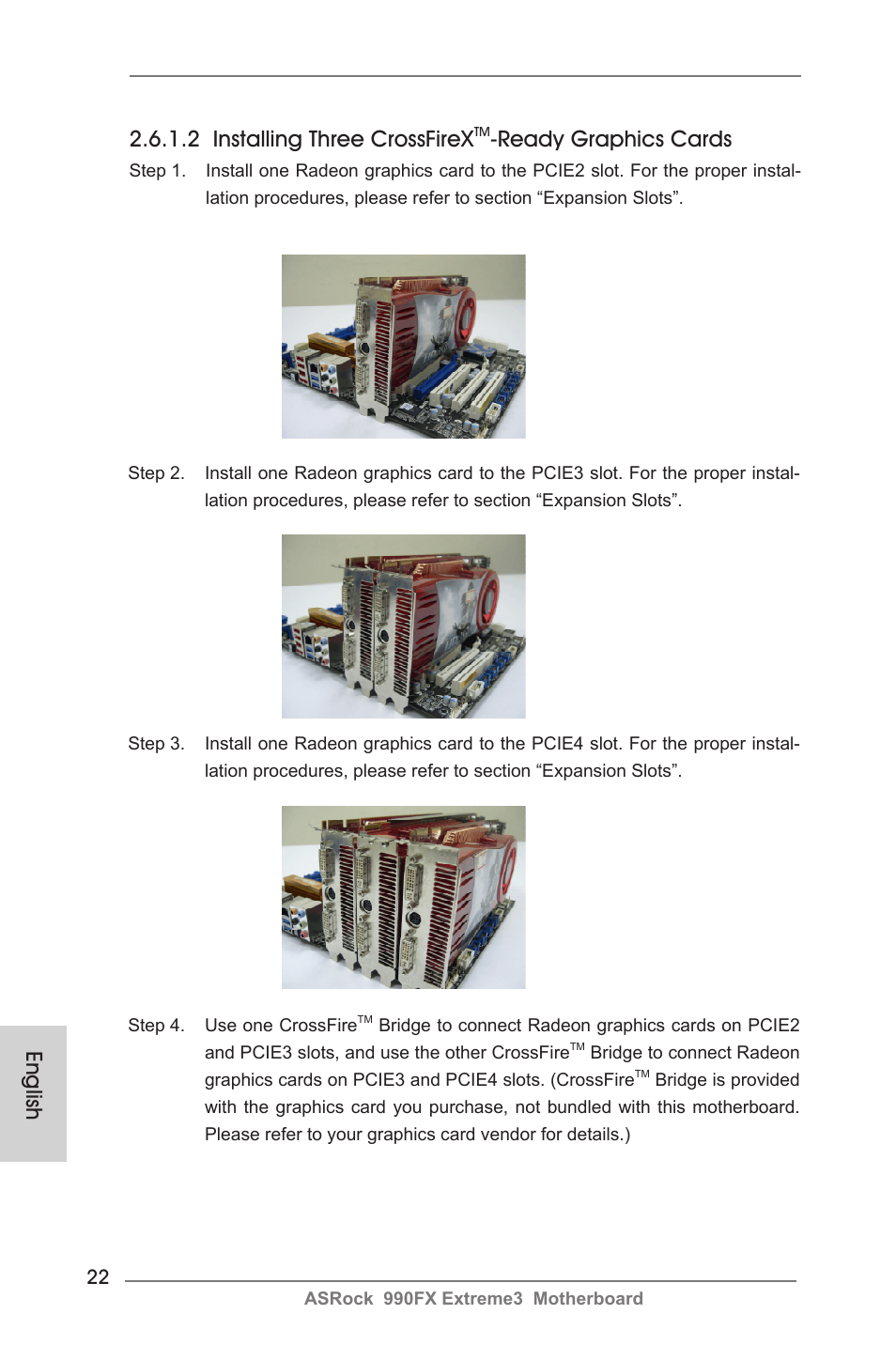 English 2.6.1.2 installing three crossfirex, Ready graphics cards | ASRock 990FX Extreme3 User Manual | Page 22 / 182