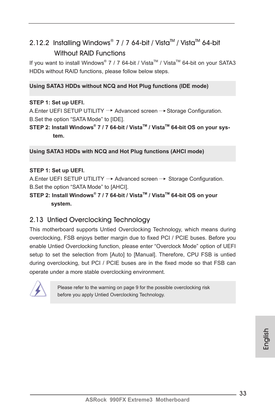 13 untied overclocking technology, 2 installing windows, 7 / 7 64-bit / vista | Vista, Bit without raid functions, English | ASRock 990FX Extreme3 User Manual | Page 33 / 182